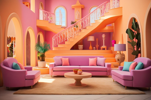 Elegante interior de casa de muñecas con muebles, juguetes para niños, muchos colores pastel de plástico rosa para niños jugando