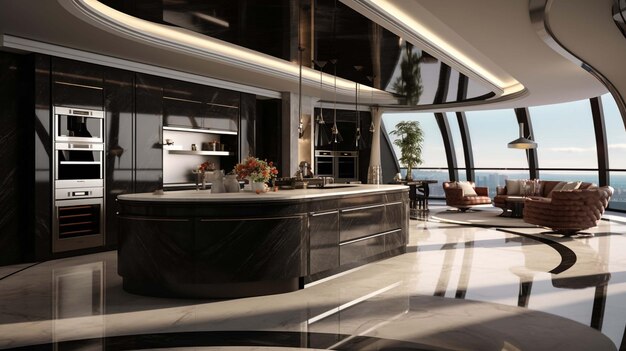 Foto elegante interior de cocina de lujo en un apartamento ultramoderno espacioso en colores oscuros con iluminación led súper fresca y una isla para cocinar y una zona de mesa de comedor