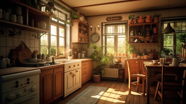 Elegante interior de cocina con luz matutina en la ventana AI generativa