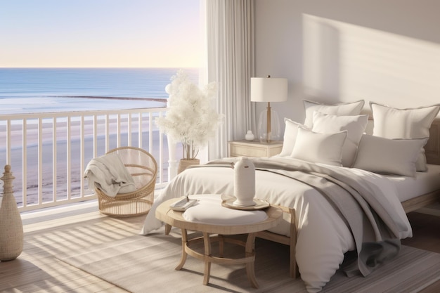 Elegante interior de dormitorio costero con serena vista al océano suave luz solar y de buen gusto inspirado en la playa