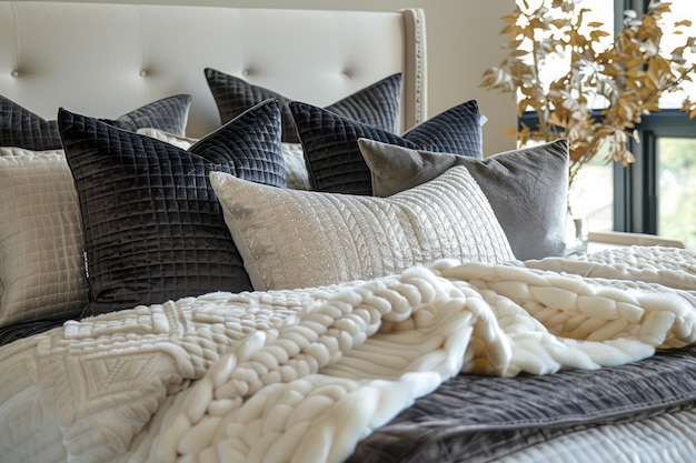 Elegante interior de dormitorio moderno con ropa de cama elegante y almohadas de peluche en una decoración de hogar de lujo