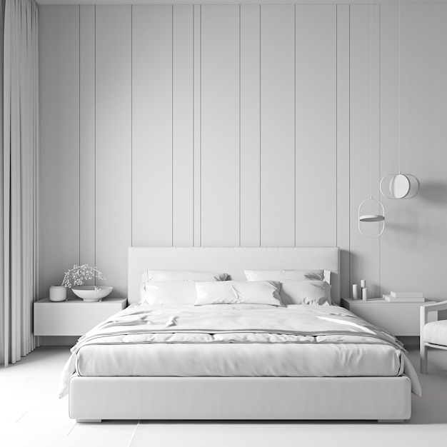 Elegante interior de dormitorio en tonos grises renderizado 3d
