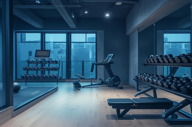 Foto elegante interior de gimnasio corporativo con prominentes logotipos de la compañía