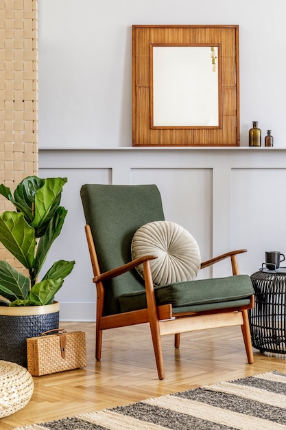 Elegante interior de la habitación del hogar con sillón de diseño, muebles retro, espejo de madera, estante, hojas tropicales, plantas, decoración, alfombras y accesorios personales en una elegante decoración para el hogar.