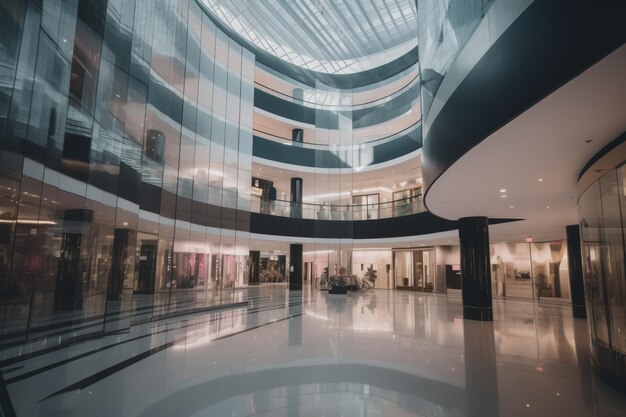 Foto elegante interior moderno de un centro comercial con pisos reflectantes y fachada de vidrio