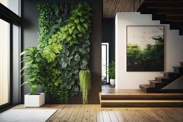 Elegante interior moderno con jardín vertical en la pared y piso de madera creado con ai generativo