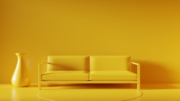 Elegante interior monocromático en color amarillo con sofá 3d renderizado concepto interior monocromático