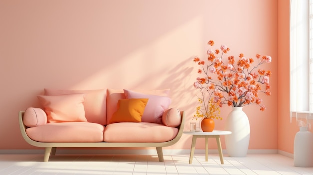 Elegante interior monocromático de moderno y acogedor salón en tonos naranja pastel y rosa, sofá moderno