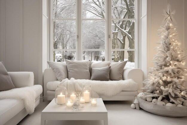 El elegante interior navideño escandinavo enriquecido con una decoración blanca