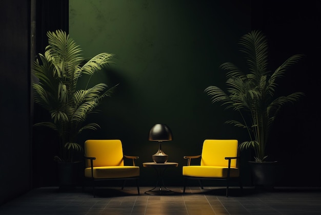 Elegante interior oscuro y vacío con sillón amarillo Diseño interior Paredes amarillas con plantas verdes