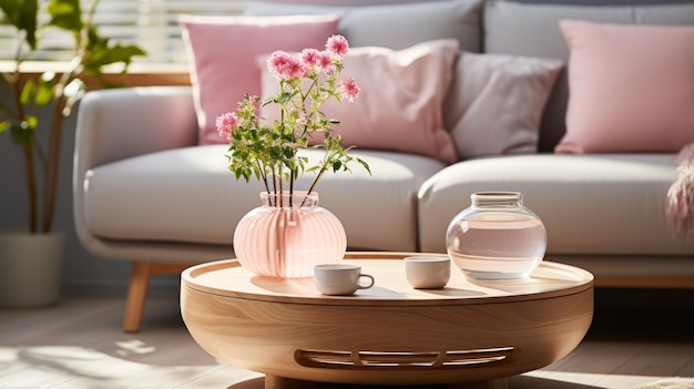 Elegante interior de la sala de estar con flores rosadas en jarrón en una mesa redonda de madera