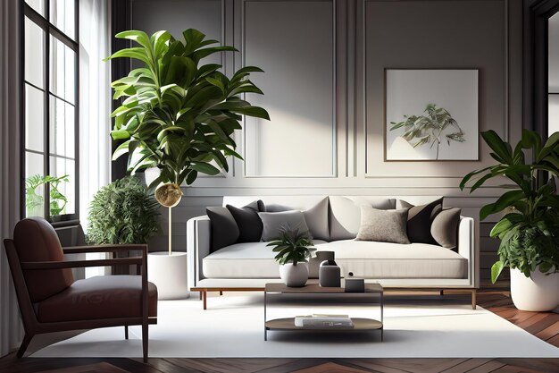 Elegante interior de la sala de estar con hermosas plantas de interior Ai generativo