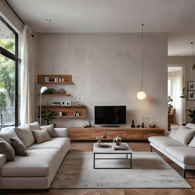 Foto elegante interior de la sala de estar con muebles modernos y luz natural