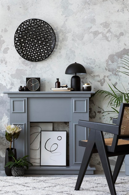 El elegante interior de la sala de estar con póster simulado, chimenea gris, sillón de mimbre, pared de hormigón y flores secas, piso gris con alfombra beige, decoración del hogar Plantillas