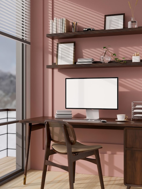 Elegante interior de sala de trabajo en casa rosa con maqueta de computadora en la mesa contra la pared rosa