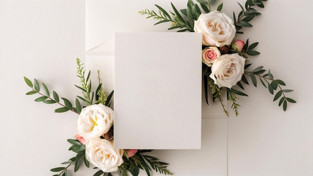 Elegante invitación de boda con flores maqueta de colocación plana colores pastel copia el espacio generativo de IA