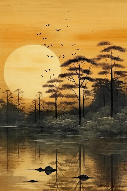 Elegante japanische Landschaftsillustration Gold und schwarze orientalische Kunst