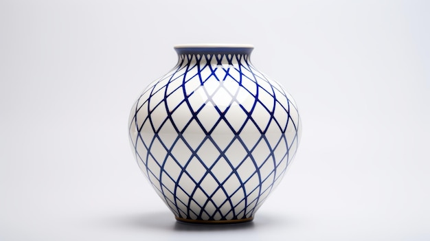 Elegante jarrón de cerámica azul y blanco con patrón de cuadrícula simétrica
