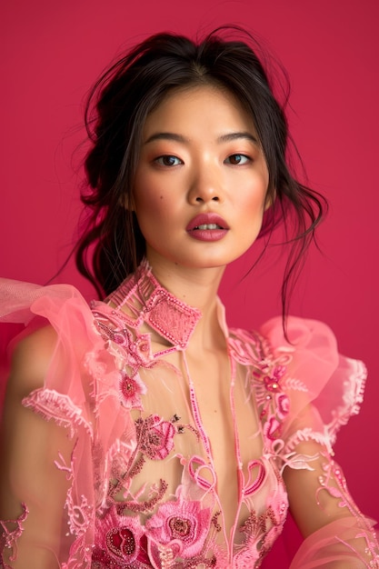 Elegante jovem asiática em elegante vestido rosado bordado em fundo vibrante
