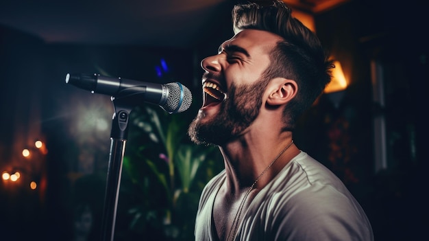 Elegante jovem canta em um microfone em uma festa em casa