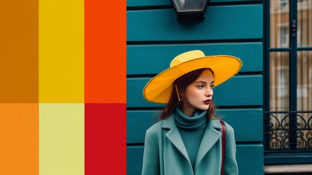 Foto elegante jovem de chapéu olhando para longe em pé perto da parede colorida