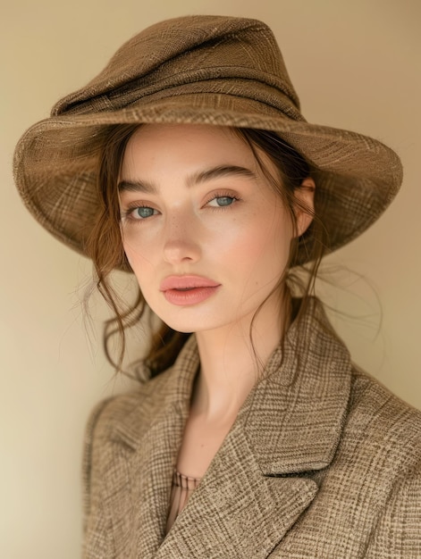 Elegante jovem elegante com chapéu vintage e jaqueta de tweed clássica posando com um bege neutro