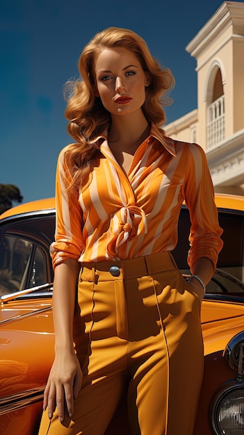 Foto elegante jovem loira vestindo uma camisa e calças vintage com listras brancas e laranjas de estilo dos anos 50