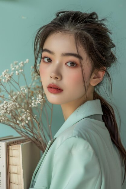 Elegante joven con delicadas flores y libros en una habitación suavemente iluminada Retrato de serenidad y