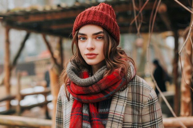 Elegante joven con elegante moda de invierno posando al aire libre con un abrigo a cuadros rojo