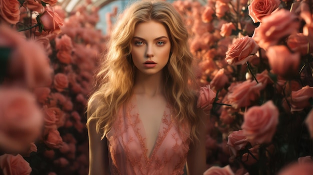 Foto elegante joven en vestido rosa em jardin de rosas