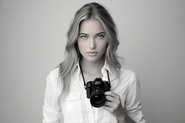 Elegante joven fotógrafa con cámara en la mano contra un fondo blanco limpio