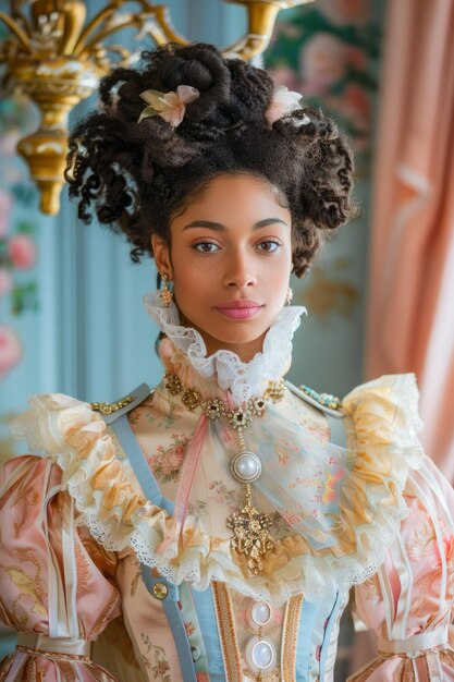 Elegante joven con vestido rococó de época posando en un lujoso interior con un peinado auténtico