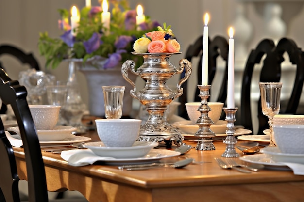 Elegante juego de mesa de comedor servido con velas encendidas y flores en una habitación con una hermosa decoración