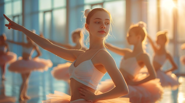 Foto elegante junge ballerinas üben eine choreographische ballettroutine in einer tanzprobe konzept tanzprobe ballett routine elegante junge balerinas choreographische tanz künstlerische praxis