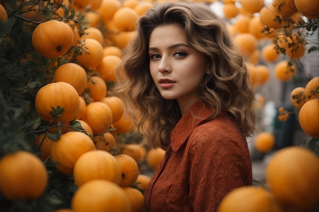 Elegante junge Frau im Herbst-Ambiente umgeben von goldenen Kürbissen KI