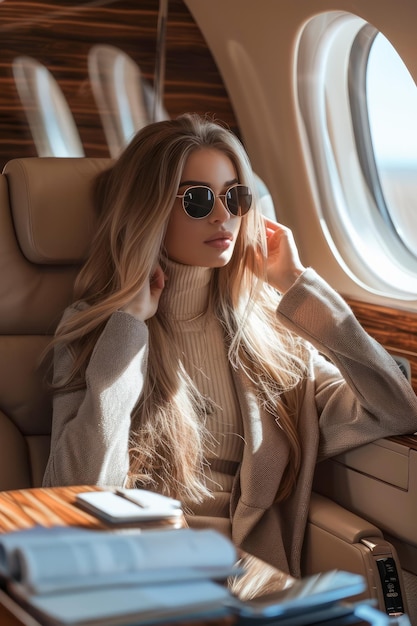 Elegante junge Frau in stilvollem Outfit sitzt am Flugzeugfenster und genießt ein luxuriöses Reiseerlebnis