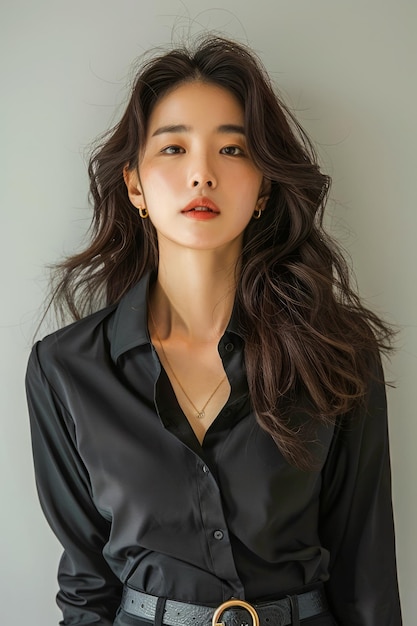 Elegante junge Frau in stilvollem schwarzem Hemd posiert im Studio mit neutralem Hintergrund modisch