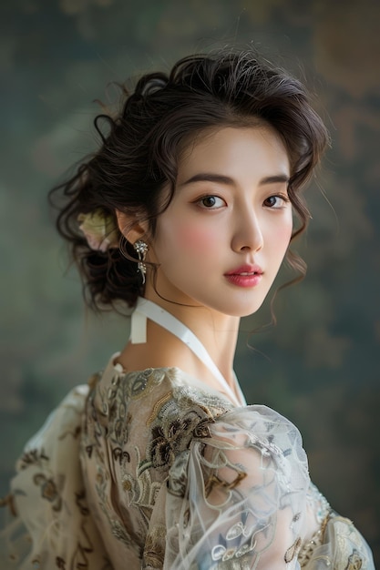 Elegante junge Frau in traditioneller asiatischer Kleidung mit blumigem Haaraccessoire