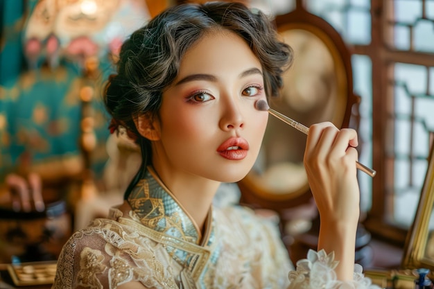 Elegante junge Frau in Vintage-Kleidung schminkt sich in einem antiken Raum mit natürlichem Licht.