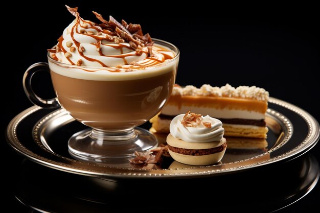 Elegante Kaffeezeit Stilvoller Macchiato mit Dessert