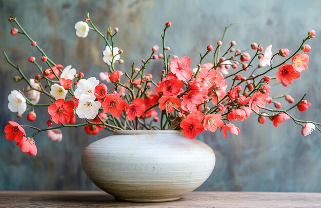 Foto elegante keramikvase mit blühenden rosa und weißen blumen auf einem holztisch