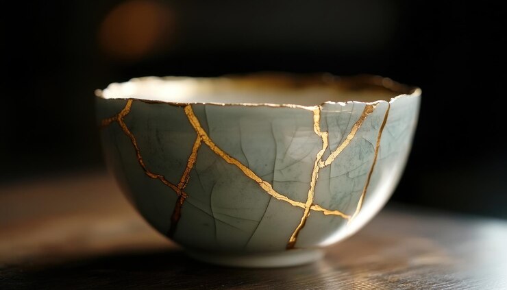 Elegante Kintsugi Bowl em fundo escuro A arte da imperfeição