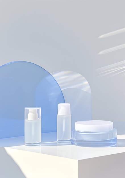 Elegante Kosmetikprodukte mit durchsichtigen Flaschen und Lichtreflektionen