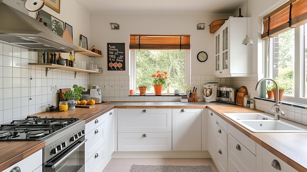 Foto elegante küche mit weißem thema, die eine saubere ästhetik mit minimalistischem dekor präsentiert