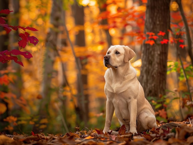 El elegante Labrador Retriever se sienta pacíficamente en un entorno exuberante