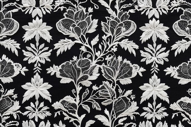 Elegante Lace Affair Embroidery de folhagem preta em textura de malha branca