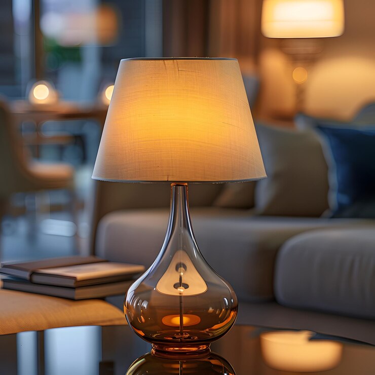Elegante lámpara de mesa de vidrio que ilumina una acogedora sala de estar