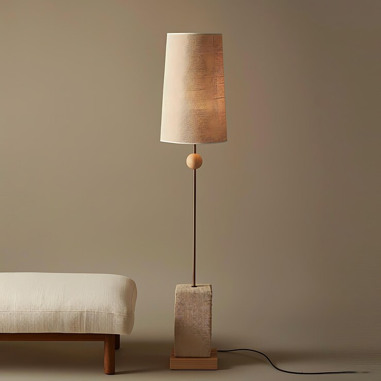 Elegante lámpara de piso beige con base de piedra y sombra de lino