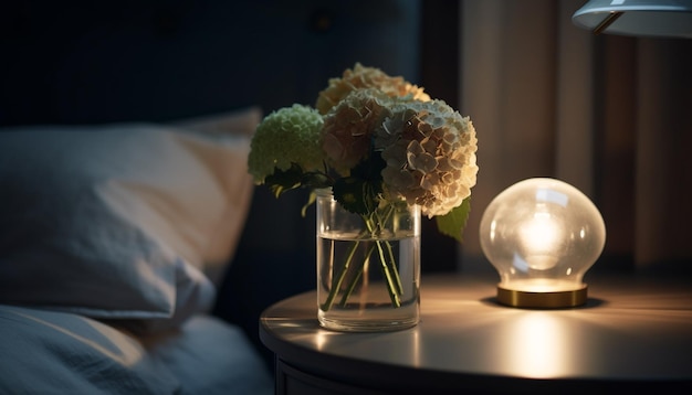 Elegante Lampe beleuchtet Vase mit natürlichen Blumen, die von KI generiert wurden