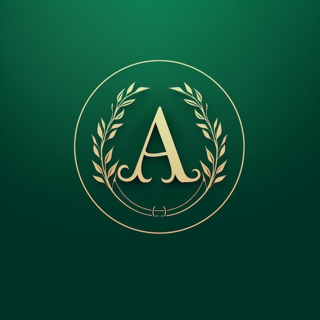 Elegante letra dourada a e inicial de laurel em fundo verde